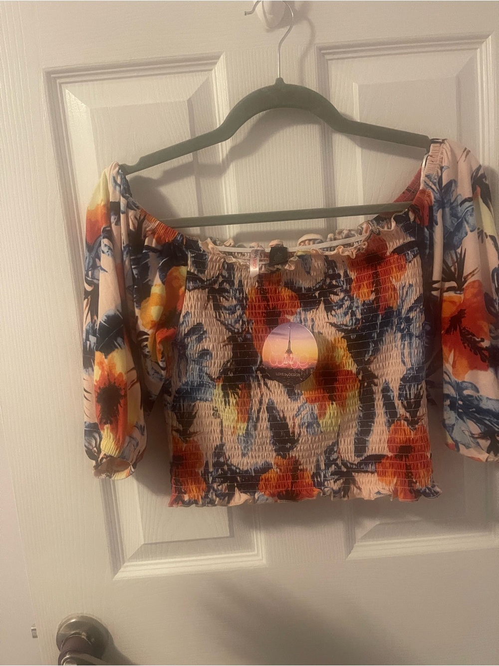 Love By Design Floral Smocked Off-Shoulder Crop Top - Blue, Orange, Yellow Large